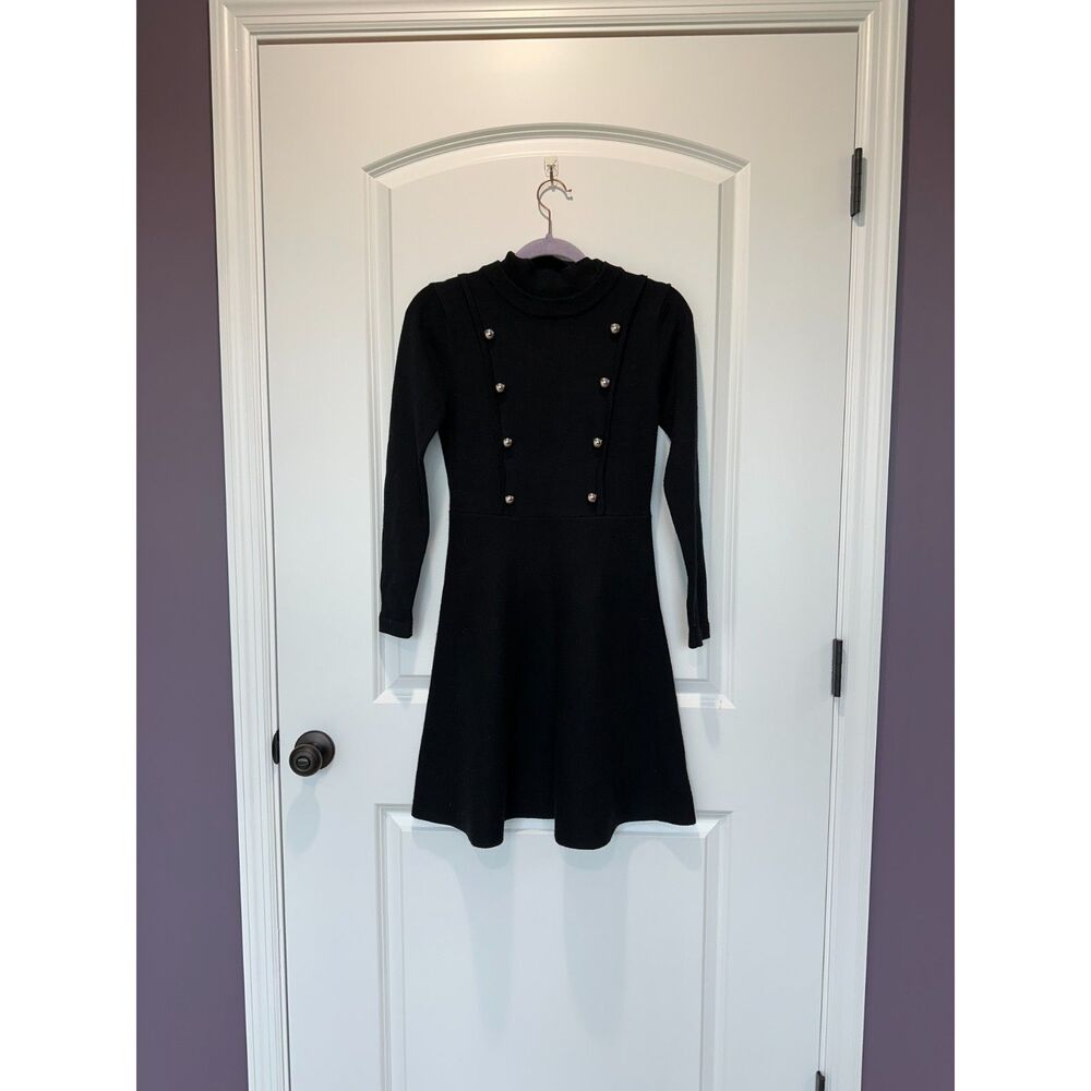 Y & M Mock Neck Gold Button Black A-Line Sweater Dress Size Small